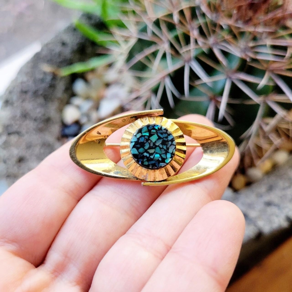 Vintage Gold Abalone Mosaic Oval Lapel Brooch Pin